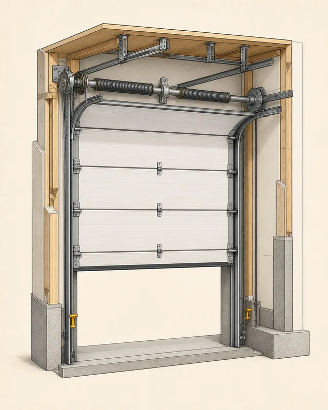 Technical illustration of a sectional commercial dock door with track and spring layout
