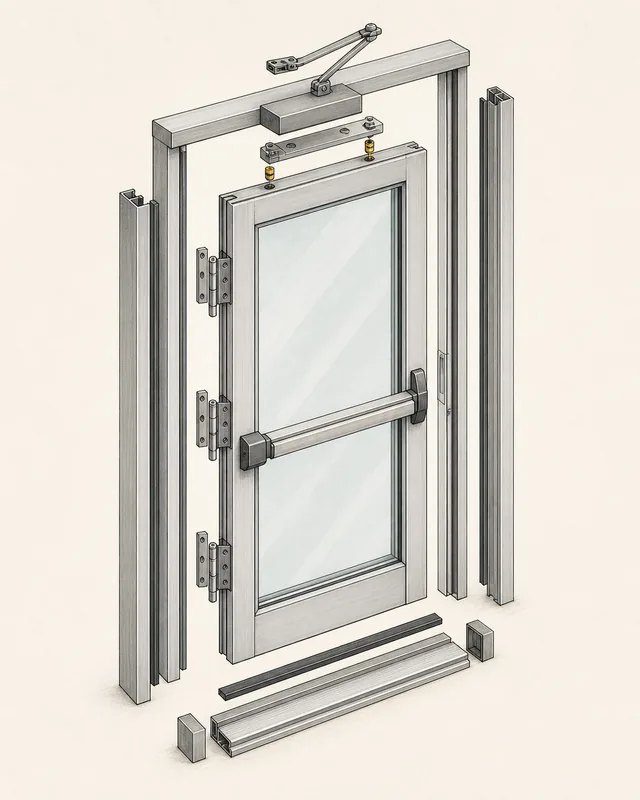 Technical illustration of push bar, hinges, and closer on a storefront door