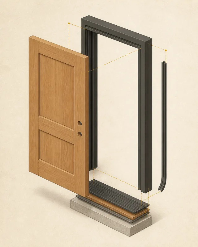 Technical illustration of a prehung entry door set square in its opening