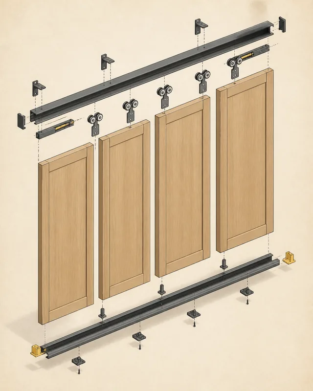 Technical illustration of four sliding closet panels on a single track