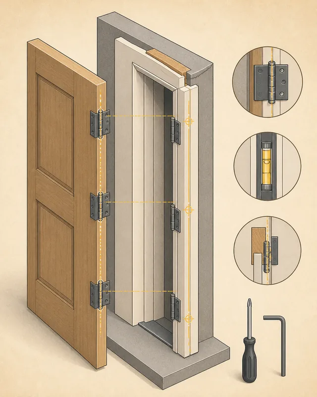 Technical illustration of hinge, jamb, and latch alignment on an existing door
