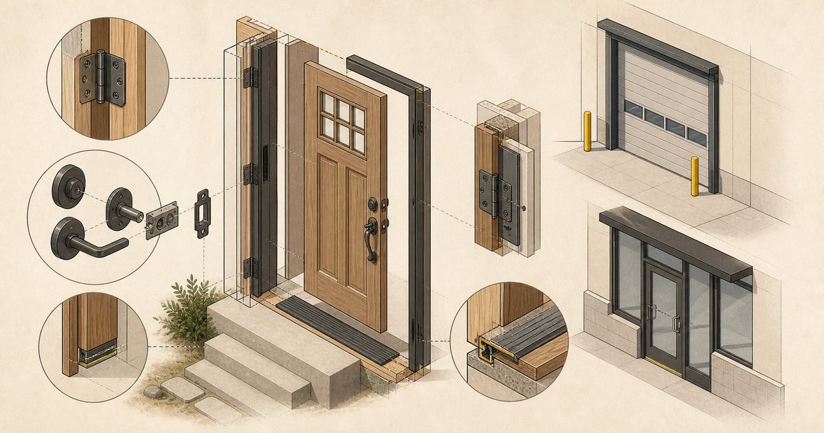 Architectural service illustration of residential entry, commercial dock, and storefront door systems.
