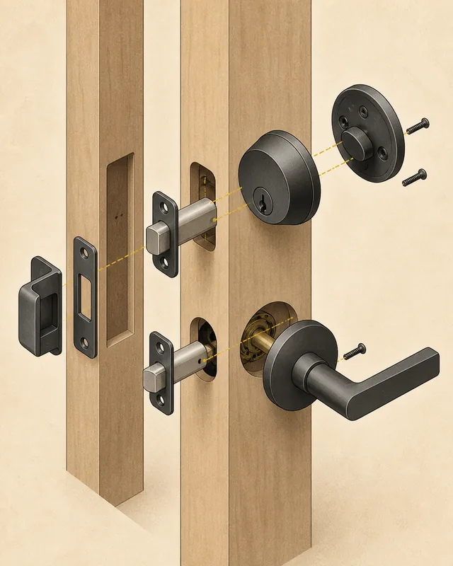 Technical illustration of deadbolt, latch, and strike layout on a door edge