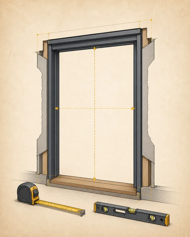 Technical illustration of width, height, and square readings at a door opening