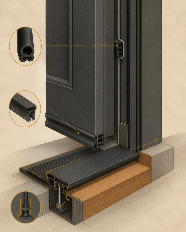Technical illustration of perimeter weatherstrip, sweep, and threshold at an exterior door